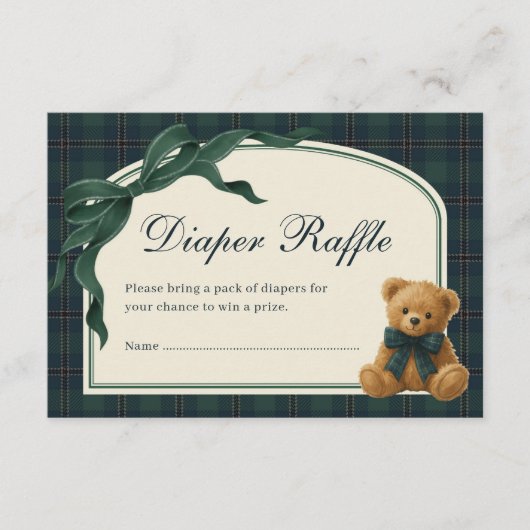 Polo Teddy Bear Green Bow Plaid Diaper Raffle エンクロージャーカード (正面)