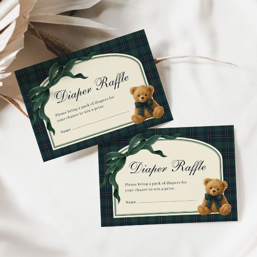 Polo Teddy Bear Green Bow Plaid Diaper Raffle エンクロージャーカード