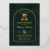 Polo Teddy Bear Tartan Check Baby Shower 箔招待状 (正面)