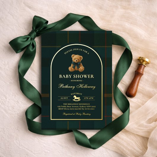Polo Teddy Bear Tartan Check Baby Shower 箔招待状