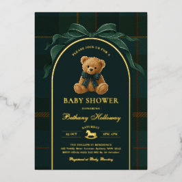 Polo Teddy Bear Tartan Flannel Boy Baby Shower 箔招待状