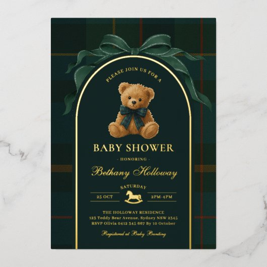 Polo Teddy Bear Tartan Flannel Boy Baby Shower 箔招待状 (正面)