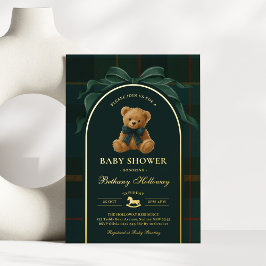 Polo Teddy Bear Tartan Flannel Boy Baby Shower 箔招待状