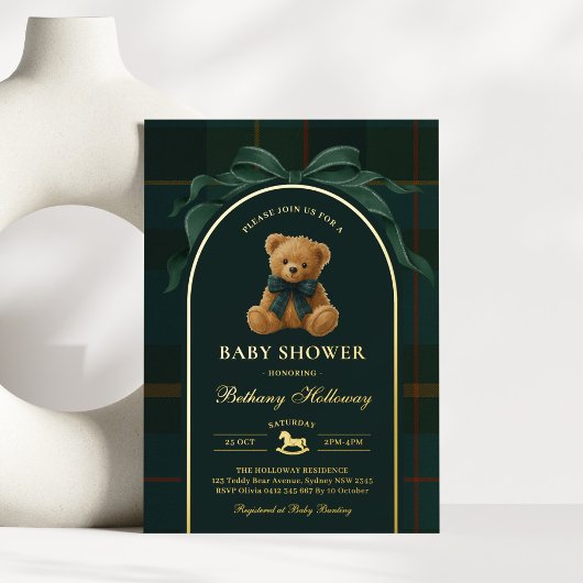 Polo Teddy Bear Tartan Flannel Boy Baby Shower 箔招待状