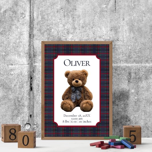Polo Teddy Bear Tartan Plaid Baby Name Birth Stats ポスター