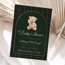 Polo Teddy Bear Tartan Preppy Baby Shower 箔招待状