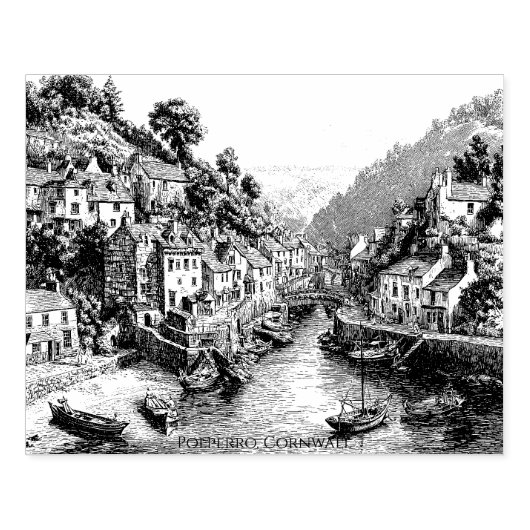 Polperro, Cornwall, England Harbor ラバースタンプ (インプリント)
