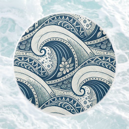 Polynesian Beach Waves and Flowers Ethnic Pattern セラミックノブ