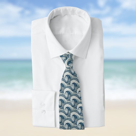 Polynesian Beach Waves and Flowers Ethnic Pattern ネクタイ