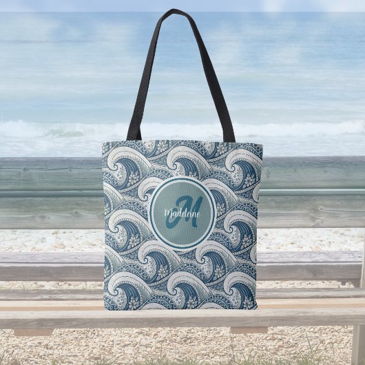Polynesian Beach Waves and Flowers Ocean Pattern トートバッグ