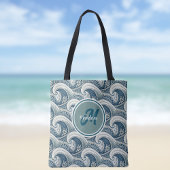 Polynesian Beach Waves and Flowers Ocean Pattern トートバッグ