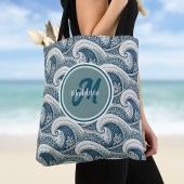Polynesian Beach Waves and Flowers Ocean Pattern トートバッグ
