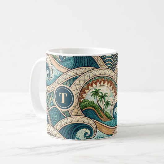 Polynesian Tropical Wave Palm Trees Pattern Name コーヒーマグカップ (正面左)