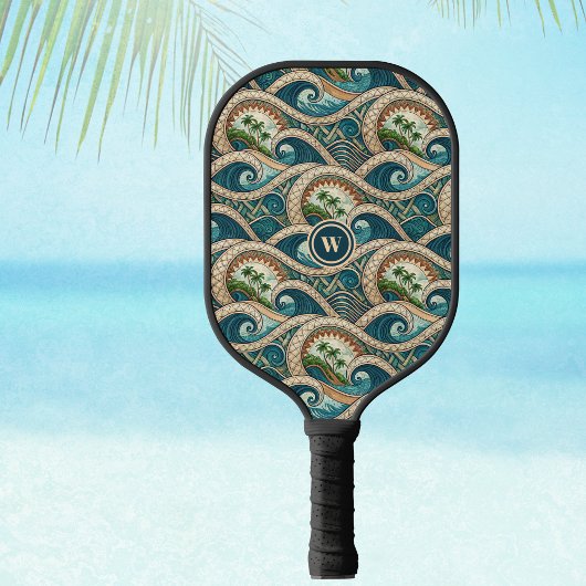 Polynesian Waves and Palm Trees Retro Monogram ピックルボールラケット