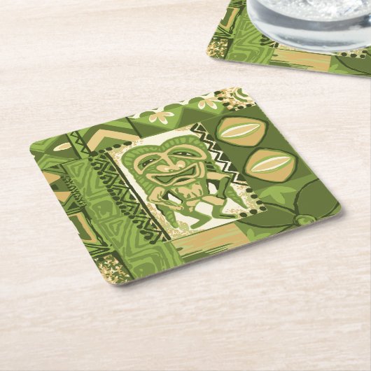 Pomaika'i Tikiのハワイのヴィンテージの樹皮布 スクエアペーパーコースター (アングル)