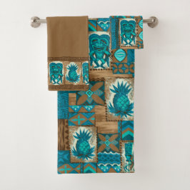 Pomaika'i Tikiのハワイの樹皮布の座標-ブラウン バスタオルセット