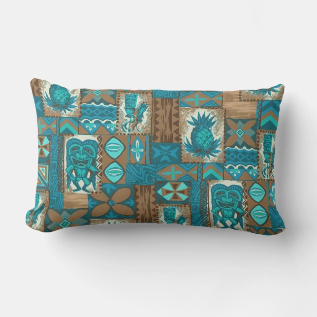 Pomaika'i Tikiの屋外ハワイのヴィンテージの樹皮布 ランバークッション (正面)