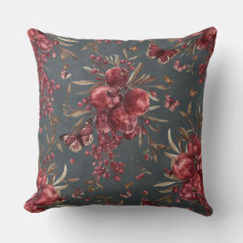  Pomegranate & Olive Botanical Throw Pillow | Wine クッション