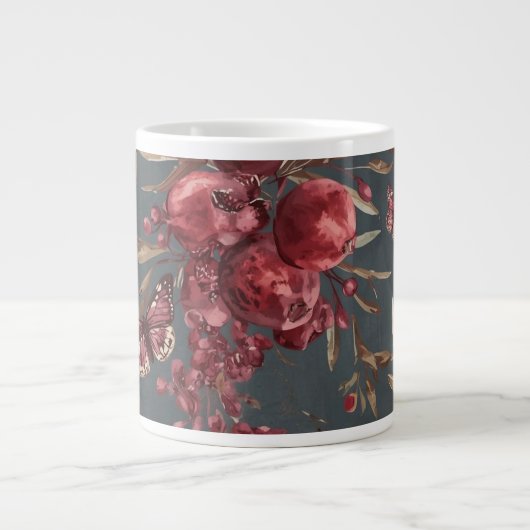 Pomegranate & Olive Mug | Wine Red Botanical Print ジャンボコーヒーマグカップ (正面)