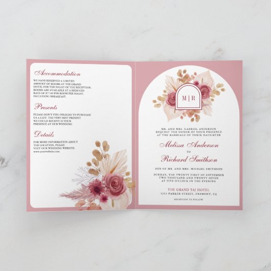 Pomegranate Pink Floral Pampas QR Code Wedding 招待状 (内部)