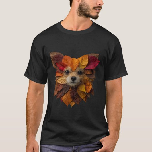 Pomeranian Autumn Leaves Artistic Animal Art Fall  Tシャツ (正面)