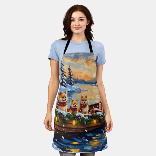 Pomeranian Christmas Boat Holiday エプロン (着用した状態)