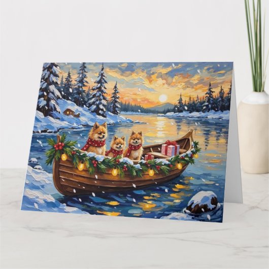 Pomeranian Christmas Boat Holiday カード (正面)