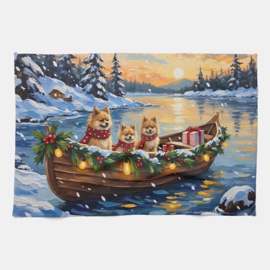 Pomeranian Christmas Boat Holiday キッチンタオル (横)