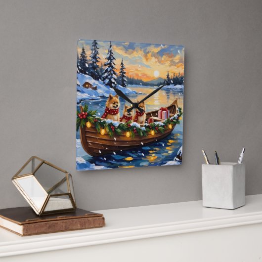 Pomeranian Christmas Boat Holiday スクエア壁時計 (オフィス)