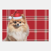 Pomeranian Christmas Dog Red White Plaid ラッピングペーパーシート (正面3)