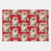 Pomeranian Christmas Dog Red White Plaid ラッピングペーパーシート (正面2)