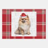 Pomeranian Christmas Dog Red White Plaid ラッピングペーパーシート (正面)
