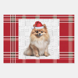 Pomeranian Christmas Dog Red White Plaid ラッピングペーパーシート