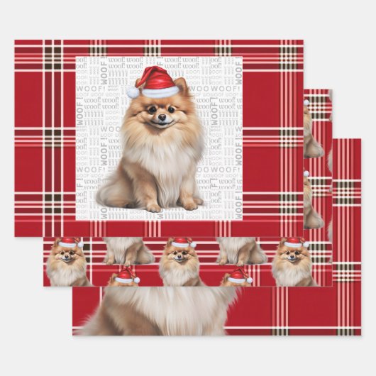 Pomeranian Christmas Dog Red White Plaid ラッピングペーパーシート (セット)