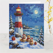 Pomeranian Christmas Lighthouse Holiday カード (黄色い花)
