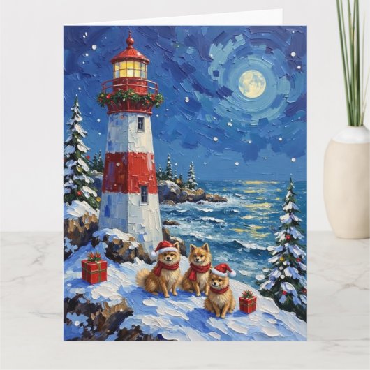 Pomeranian Christmas Lighthouse Holiday カード (正面)