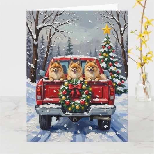 Pomeranian Christmas Red Truck Holiday Gift カード (黄色い花)