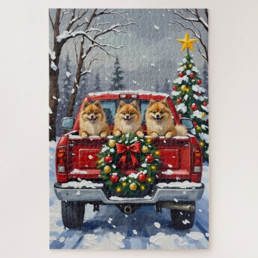 Pomeranian Christmas Red Truck Holiday Gift ジグソーパズル (縦)