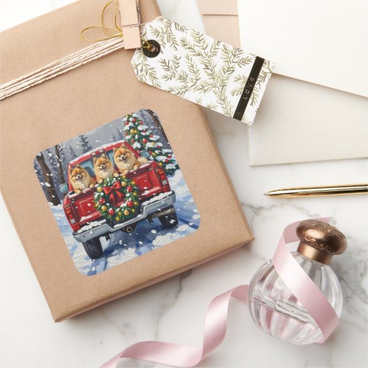 Pomeranian Christmas Red Truck Holiday Gift スクエアシール (ギフト)