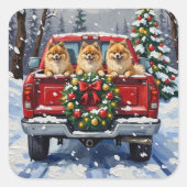 Pomeranian Christmas Red Truck Holiday Gift スクエアシール (正面)