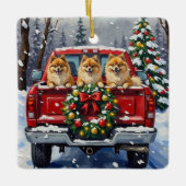 Pomeranian Christmas Red Truck Holiday Gift セラミックオーナメント (正面)
