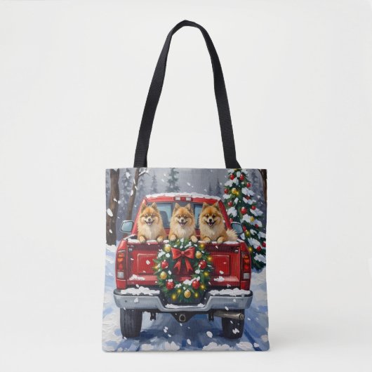 Pomeranian Christmas Red Truck Holiday Gift トートバッグ (正面)