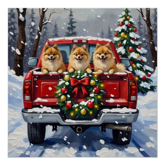 Pomeranian Christmas Red Truck Holiday Gift ポスター (正面)
