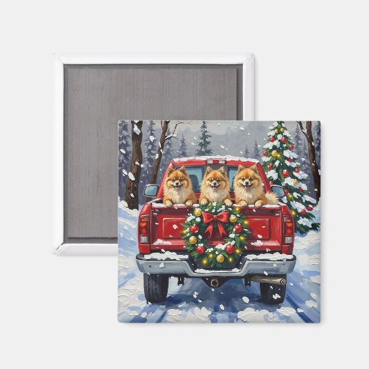 Pomeranian Christmas Red Truck Holiday Gift マグネット (正面/裏面)