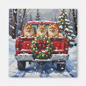 Pomeranian Christmas Red Truck Holiday Gift マグネット (正面)