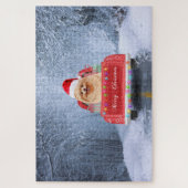 Pomeranian Dog in Snow sitting in Christmas Truck  ジグソーパズル (縦)