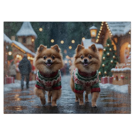 Pomeranian Dogs Christmas Snow Holiday カッティングボード (正面)