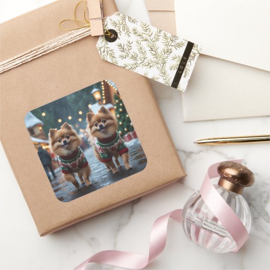 Pomeranian Dogs Christmas Snow Holiday  スクエアシール (ギフト)