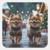 Pomeranian Dogs Christmas Snow Holiday  スクエアシール (正面)