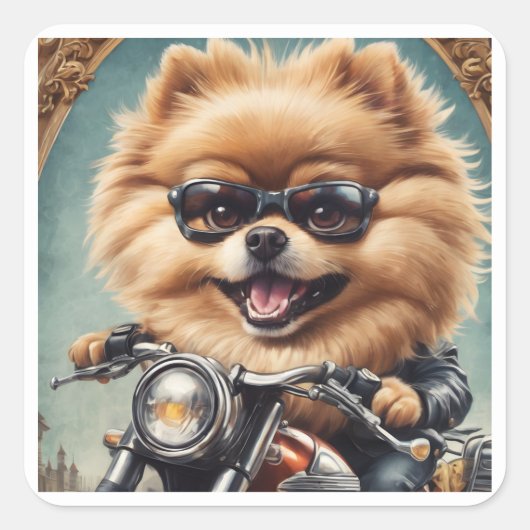 "Pomeranian Driving a Motorcycle" Sticker Sheet スクエアシール (正面)